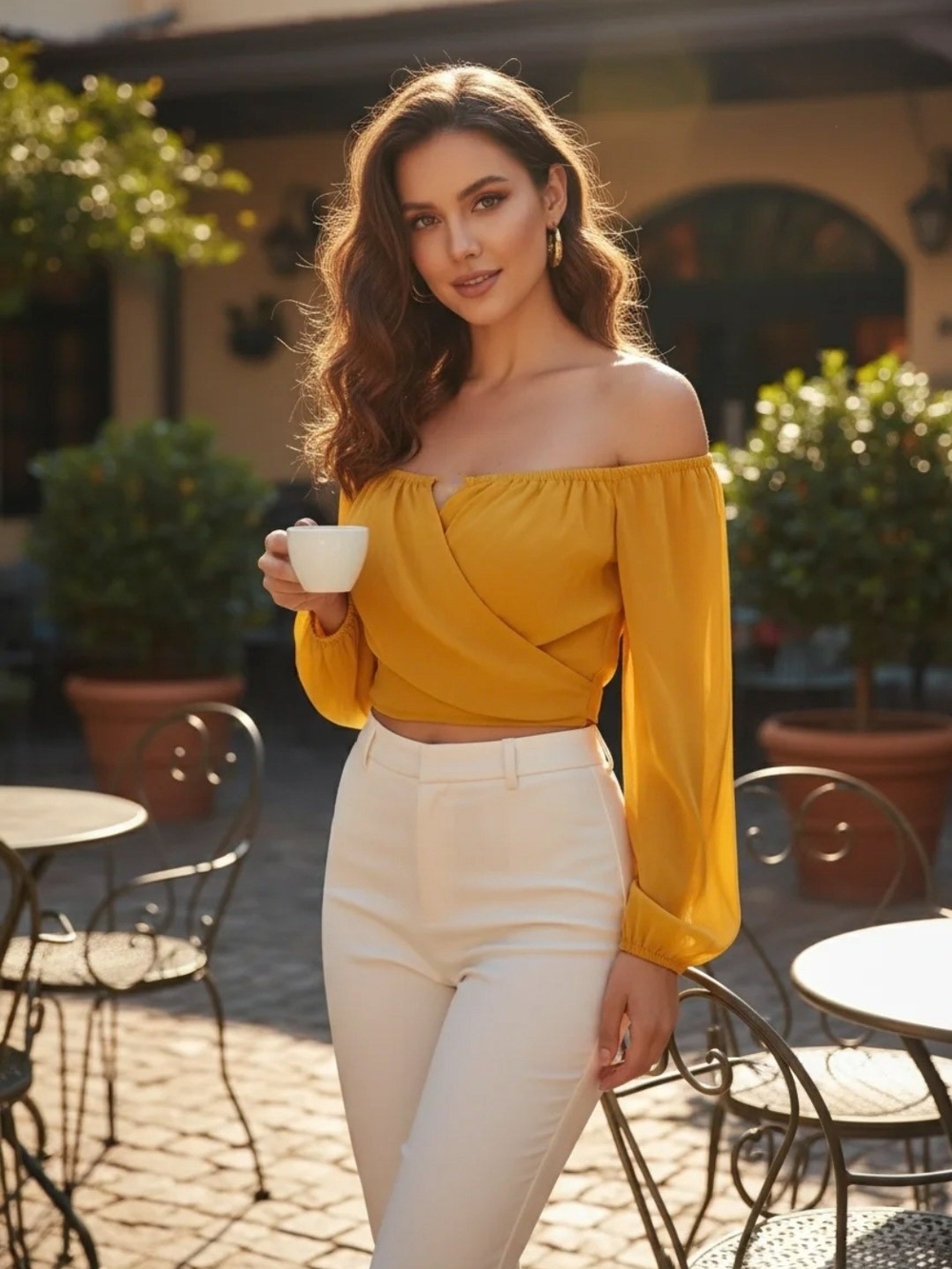 Guess Off-Shoulder Wrap Mustard Yellow Women’s Top